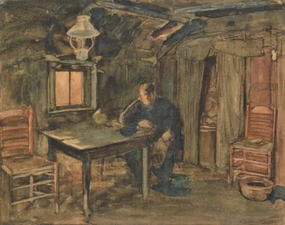 Hannes Van Nistelrode siddende i sit bondehus, 1904 (wc på papir)